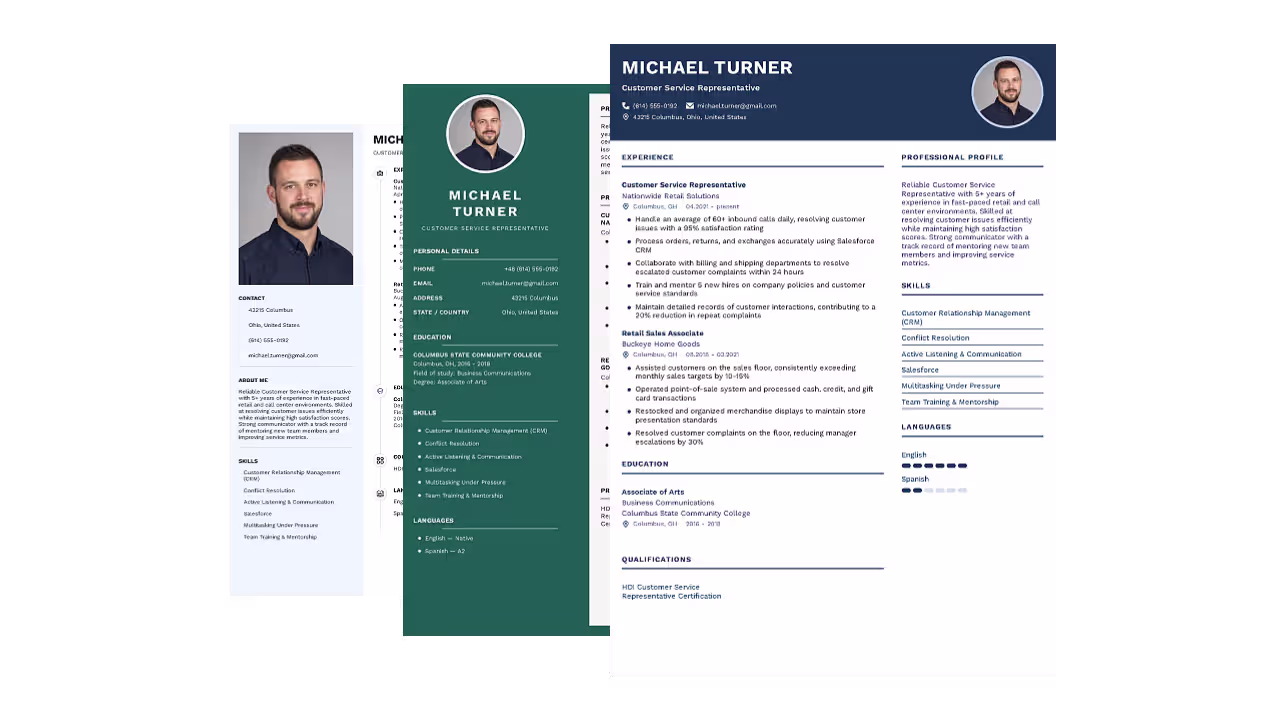 Three sample resume templates available in the builder